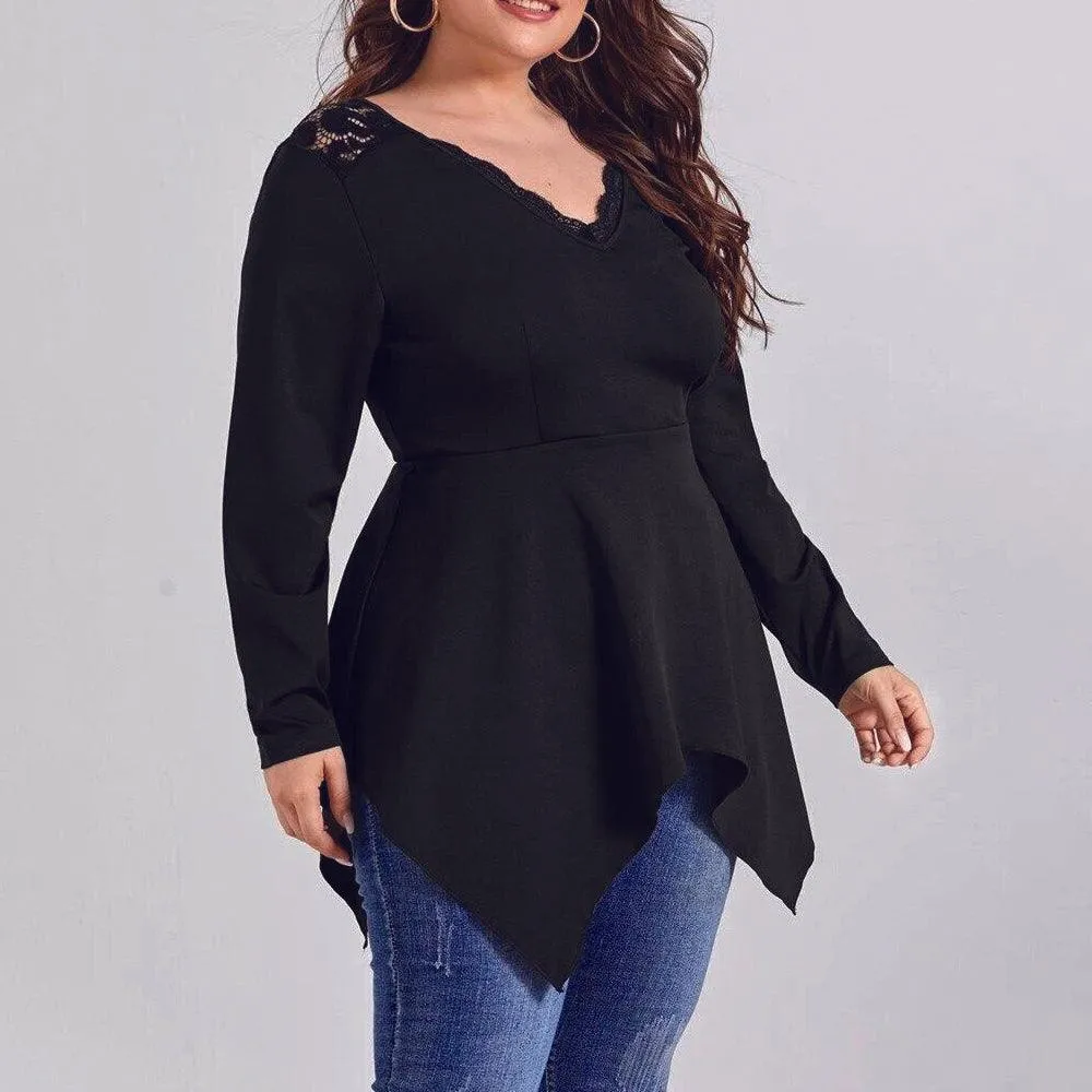Plus Size V-Neck Lace Patchwork Irregular Blouse