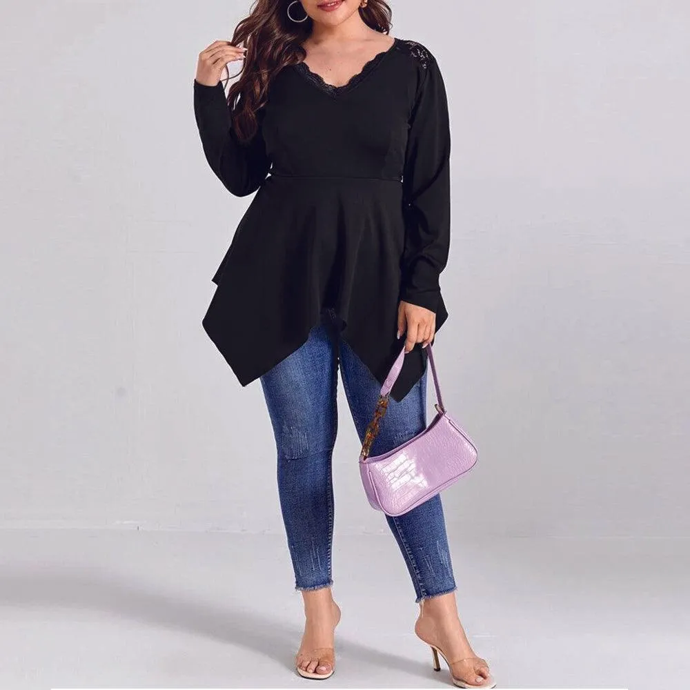 Plus Size V-Neck Lace Patchwork Irregular Blouse