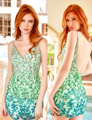 Primavera Couture 4050 Ombre Floral Beaded Embellished V-Neck Open Back Homecoming Cocktail Dress