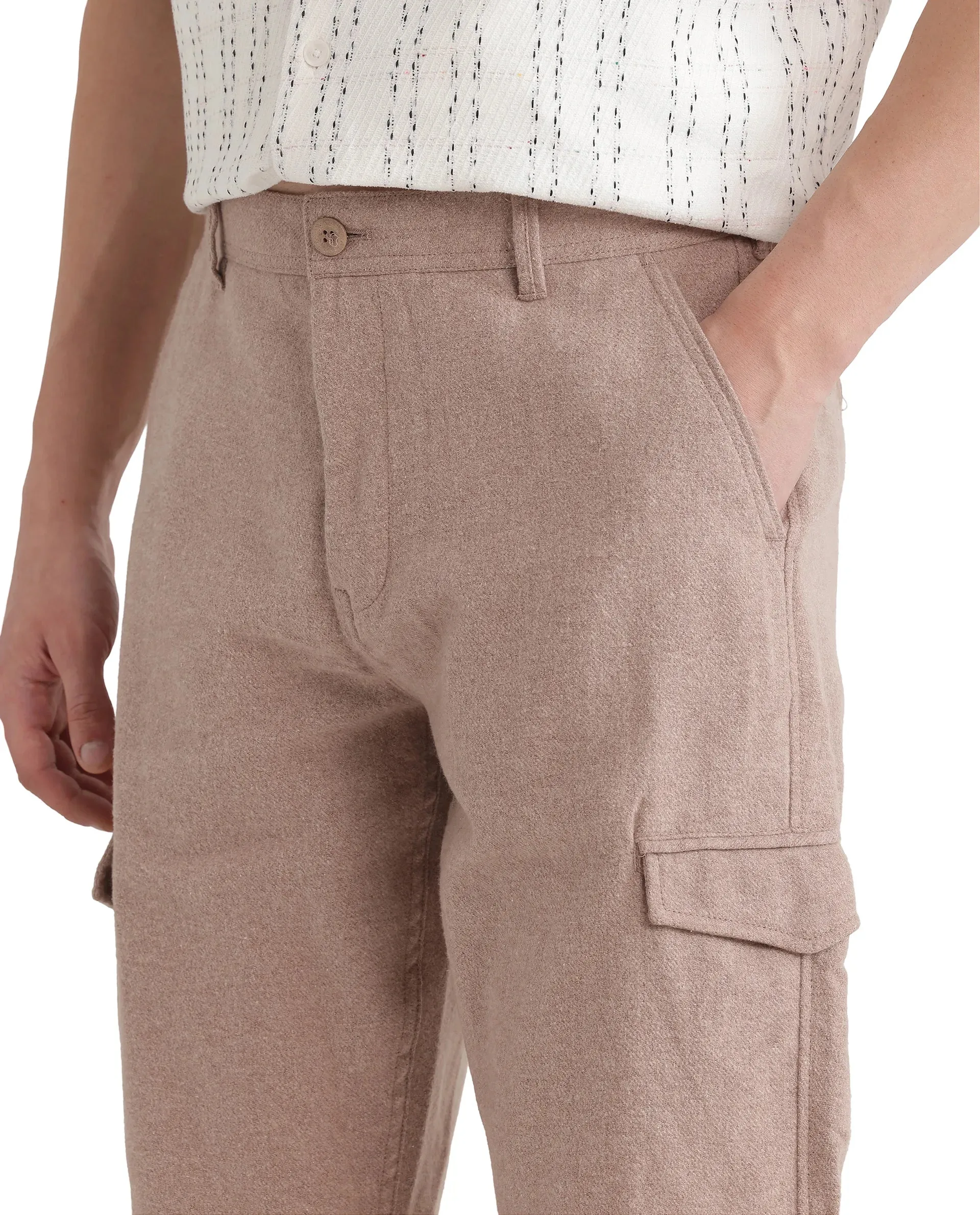 Rare Rabbit Men's Kalor Peach Button Closure Regular Fit Plain Trouser