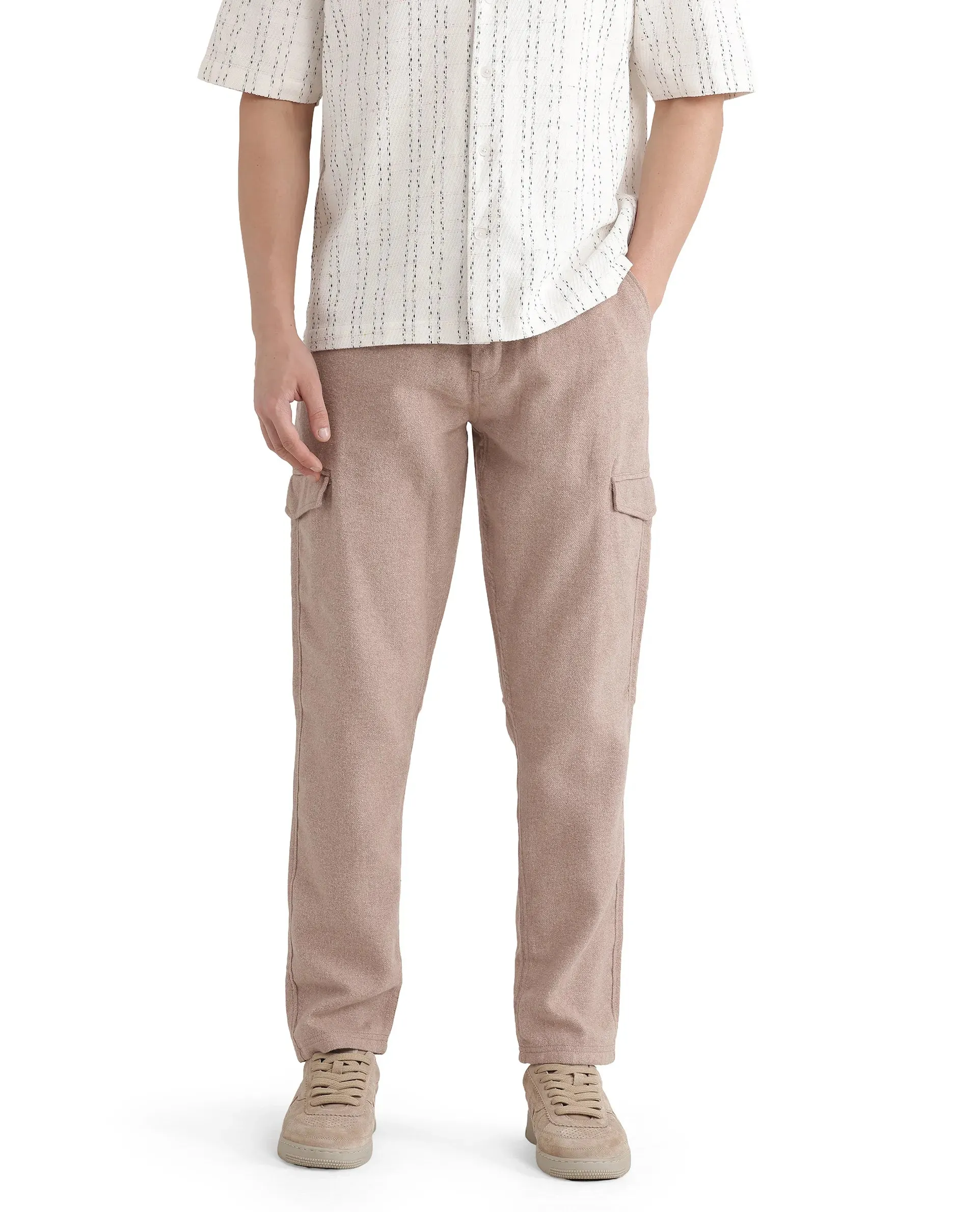 Rare Rabbit Men's Kalor Peach Button Closure Regular Fit Plain Trouser