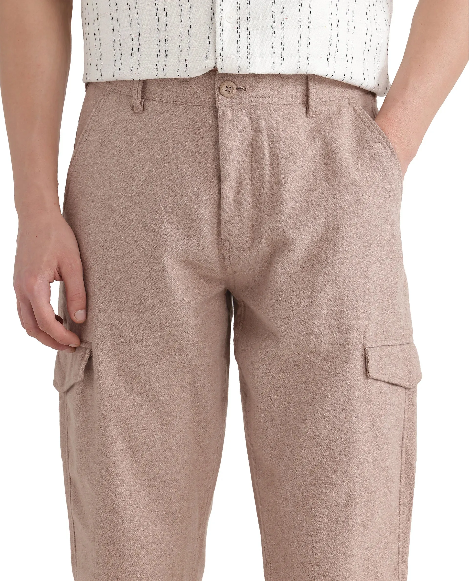 Rare Rabbit Men's Kalor Peach Button Closure Regular Fit Plain Trouser