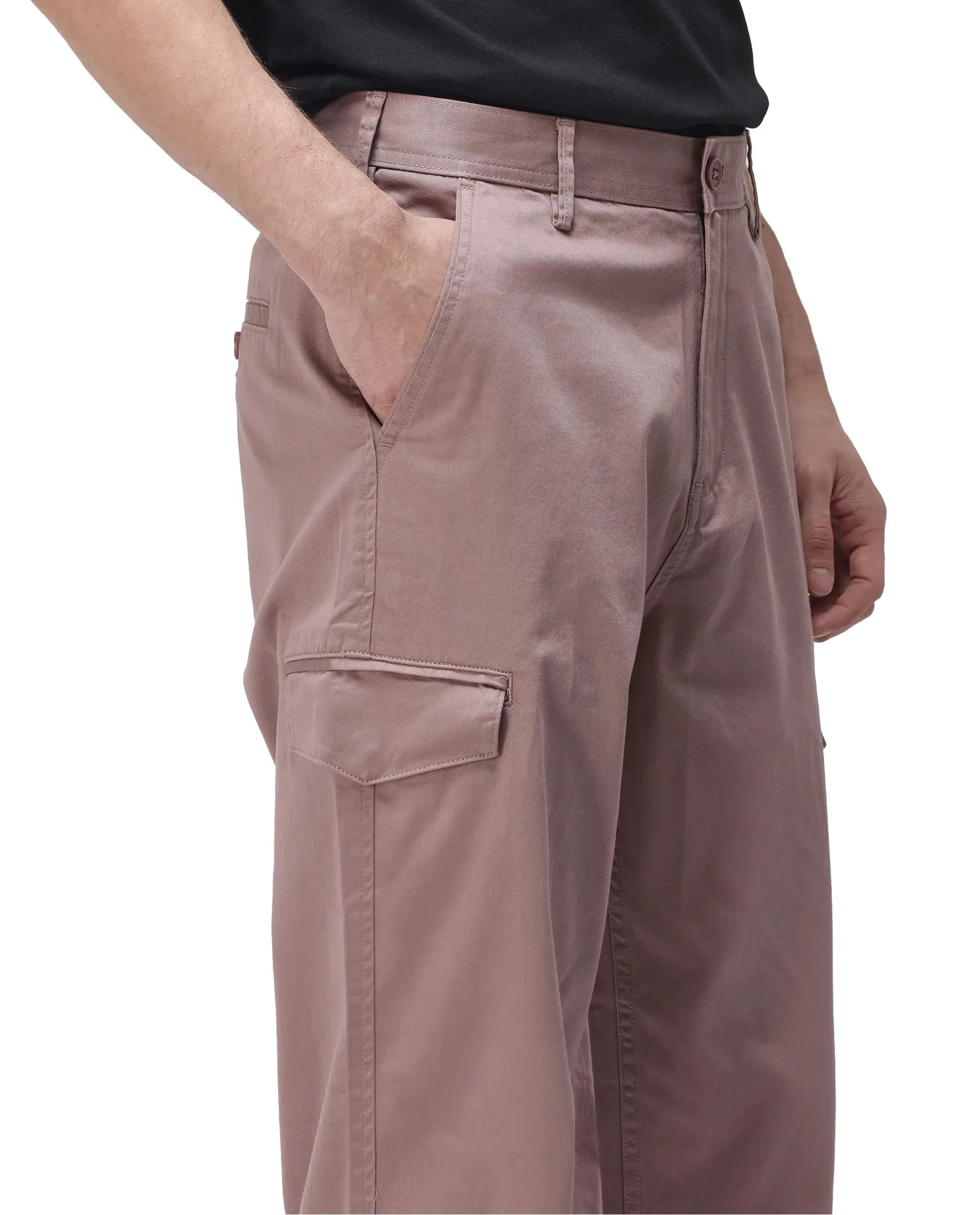 Rare Rabbit Men's Zipo Dusky Pink Cotton Fabric Mid Rise Regular Fit Solid Cargo Trouser