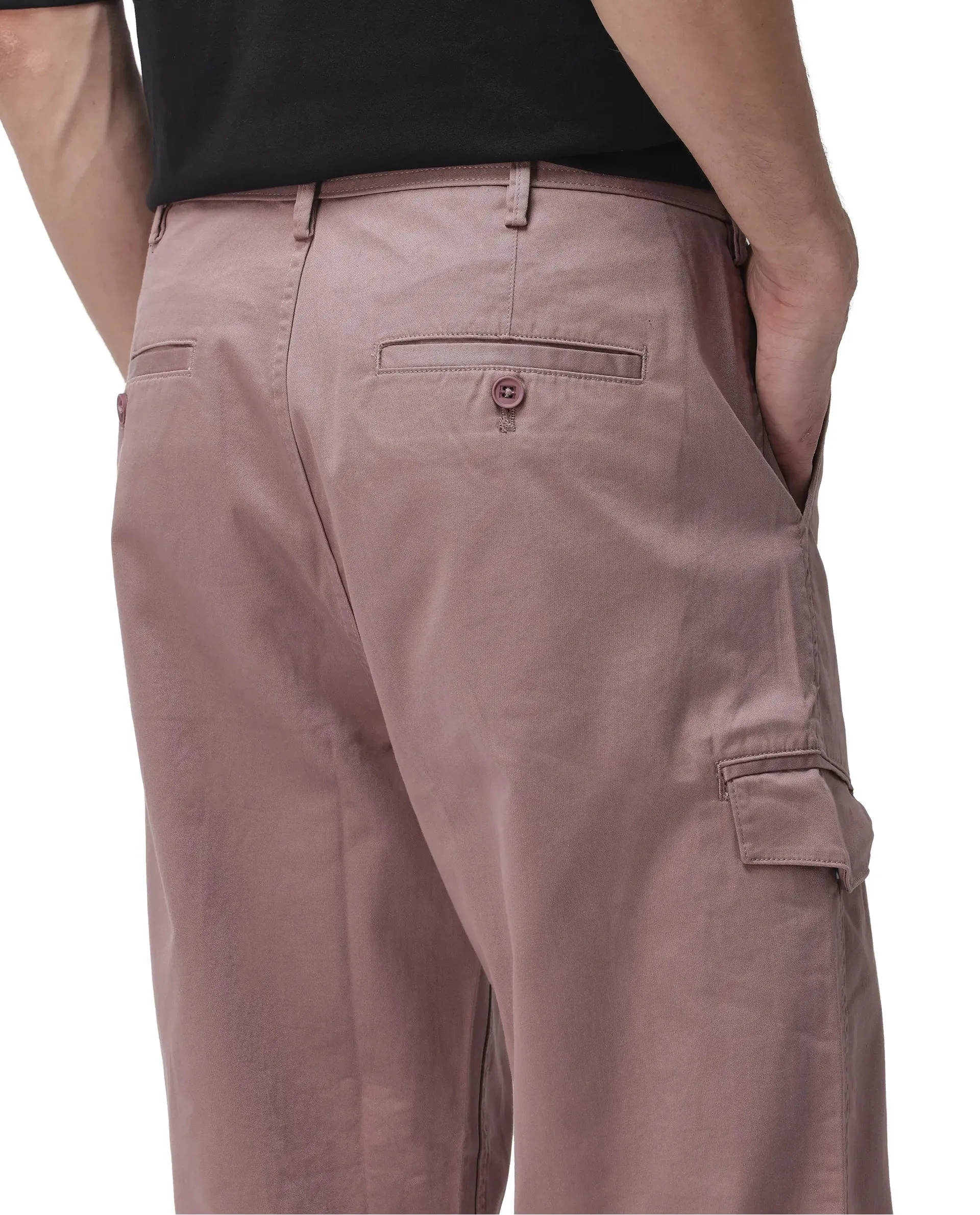 Rare Rabbit Men's Zipo Dusky Pink Cotton Fabric Mid Rise Regular Fit Solid Cargo Trouser