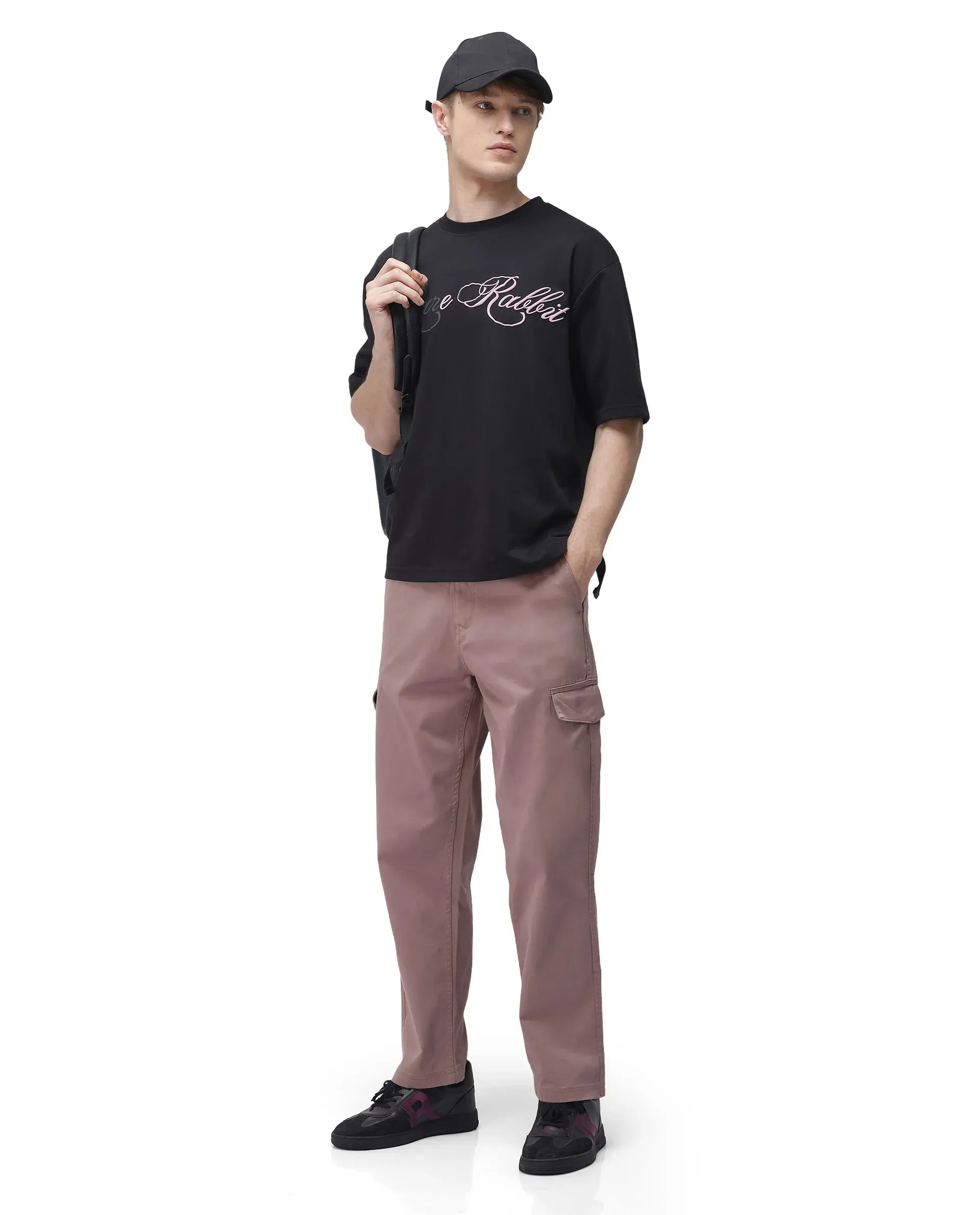 Rare Rabbit Men's Zipo Dusky Pink Cotton Fabric Mid Rise Regular Fit Solid Cargo Trouser