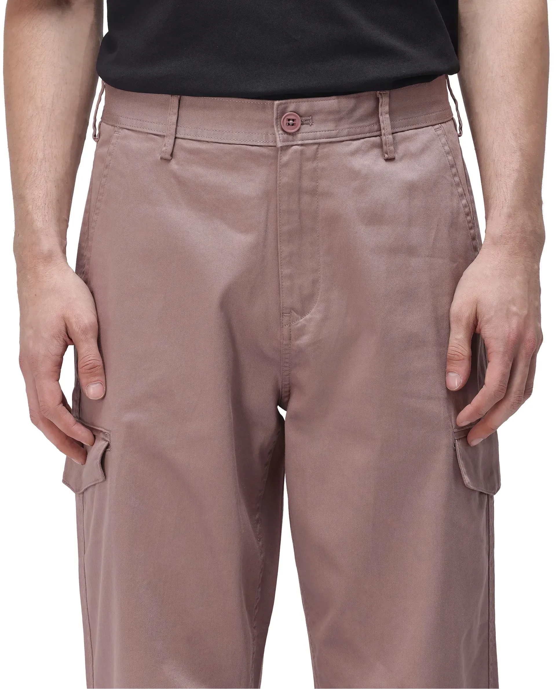 Rare Rabbit Men's Zipo Dusky Pink Cotton Fabric Mid Rise Regular Fit Solid Cargo Trouser