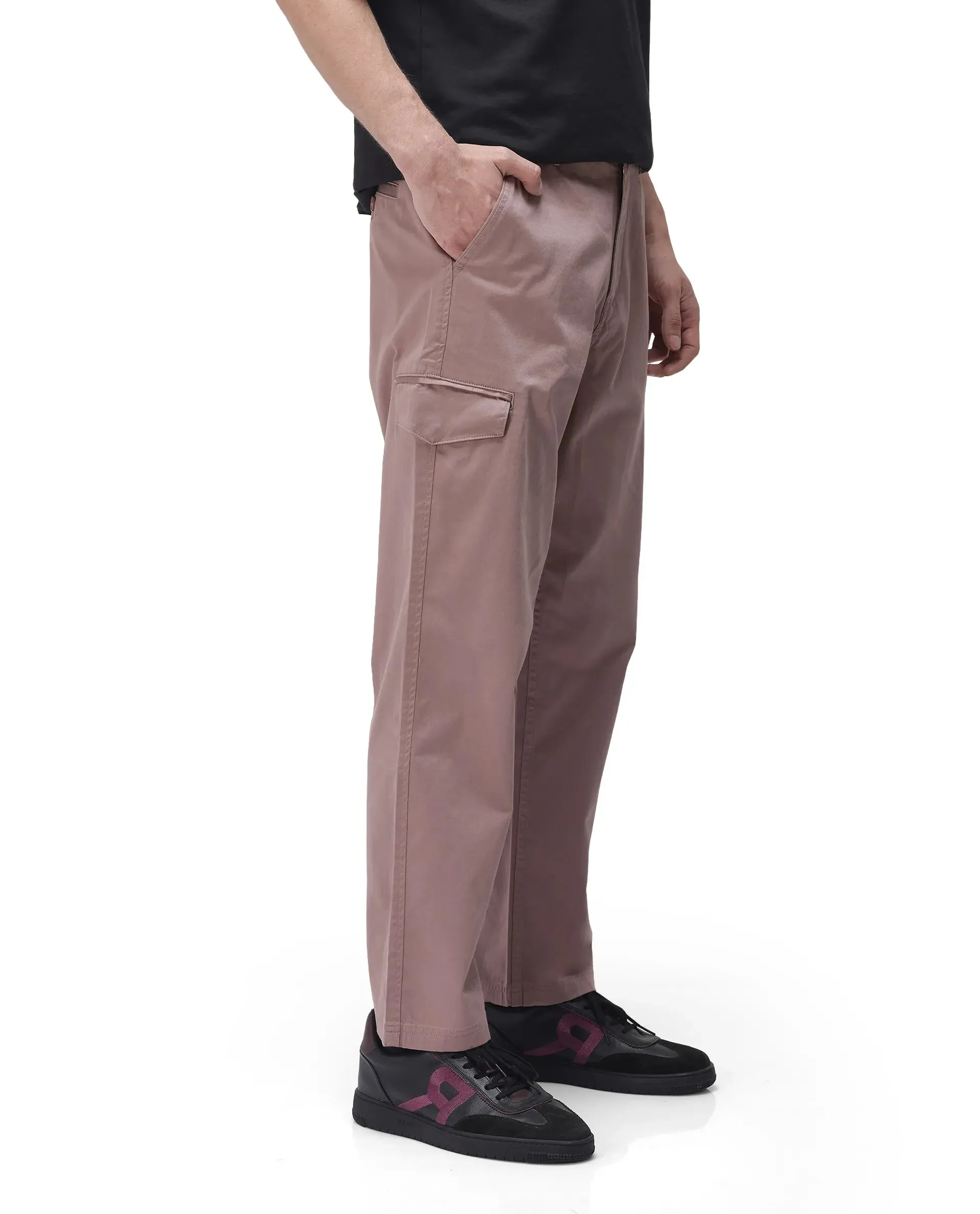 Rare Rabbit Men's Zipo Dusky Pink Cotton Fabric Mid Rise Regular Fit Solid Cargo Trouser