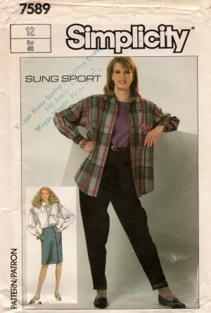 Simplicity 7589 SUNG SPORT Womens Loose Fitting Shirt Skirt & Pants 1980s Vintage Sewing Pattern Size 12 Bust 34 inches UNCUT Factory Folded