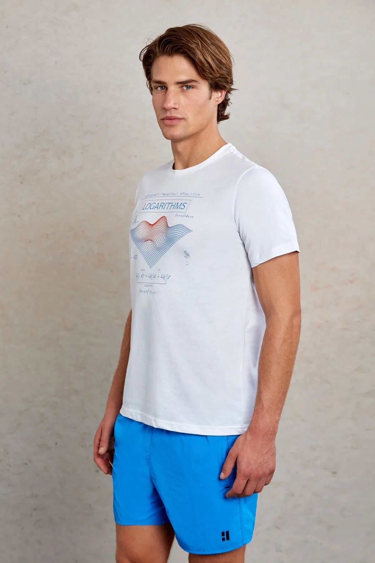 Slim Fit White Printed Cotton Crew Neck T-Shirt