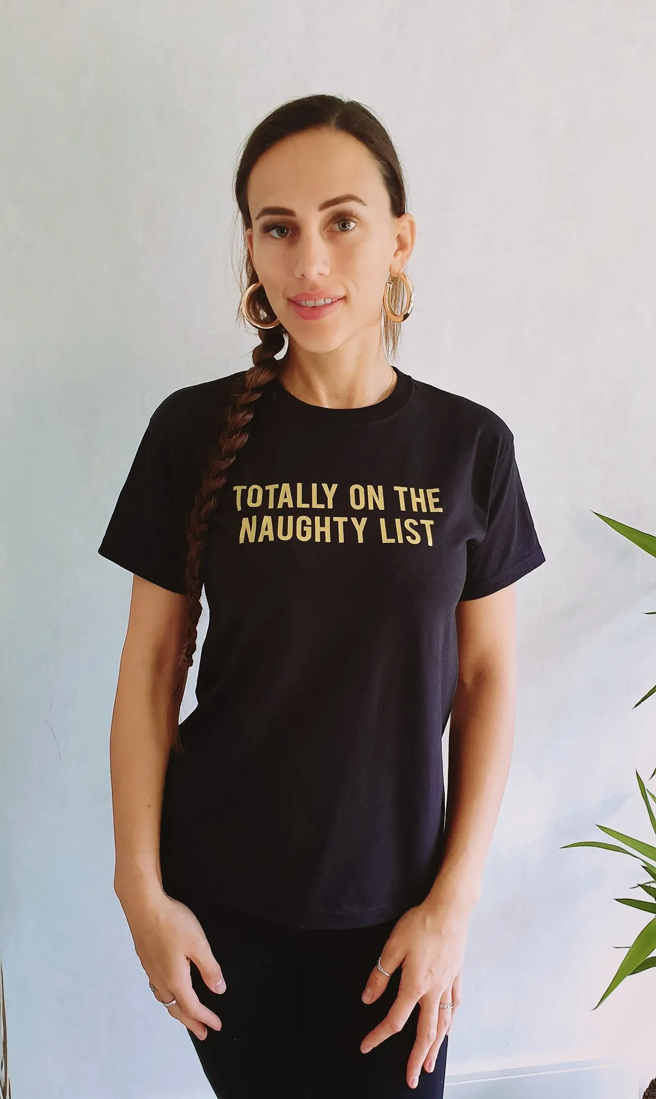 Totally On The Naughty List Gold Glitter Slogan Tee In Black