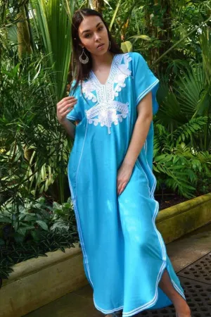 Turquoise Blue Marrakech Resort Lounge Wear Caftan Kaftan with White Embroidery-Moroccan Kaftan