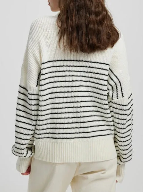 Turtleneck Striped Colorblock Long Sleeve Zipper Pullover Knit Sweater