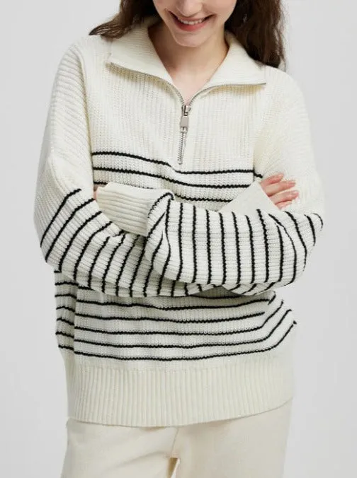 Turtleneck Striped Colorblock Long Sleeve Zipper Pullover Knit Sweater