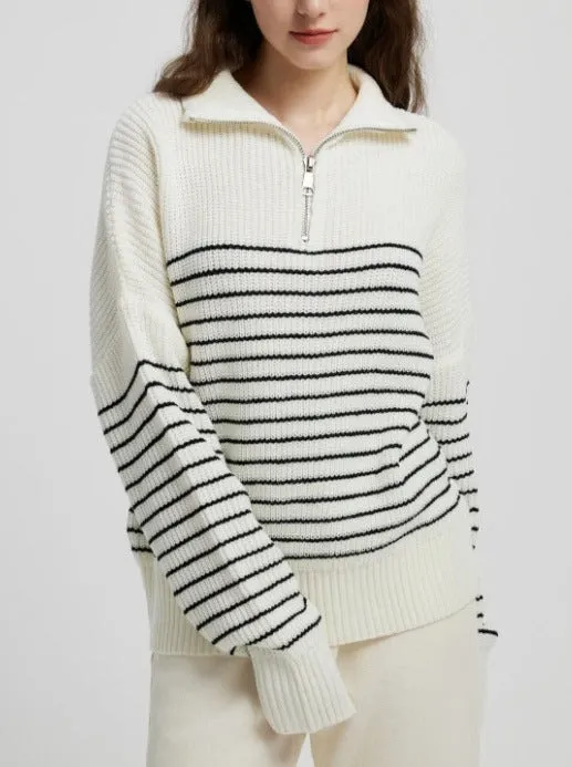 Turtleneck Striped Colorblock Long Sleeve Zipper Pullover Knit Sweater