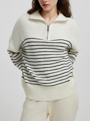 Turtleneck Striped Colorblock Long Sleeve Zipper Pullover Knit Sweater