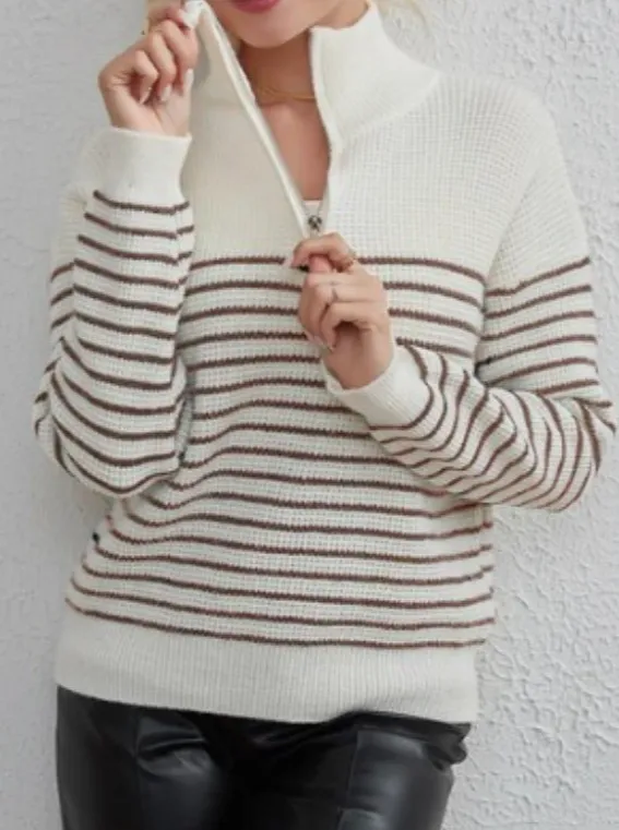 Turtleneck Striped Colorblock Long Sleeve Zipper Pullover Knit Sweater