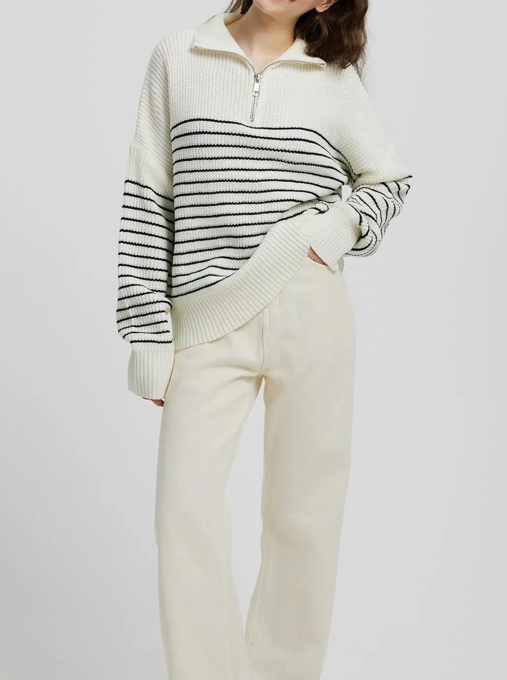 Turtleneck Striped Colorblock Long Sleeve Zipper Pullover Knit Sweater