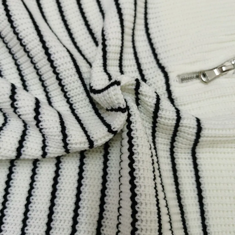 Turtleneck Striped Colorblock Long Sleeve Zipper Pullover Knit Sweater