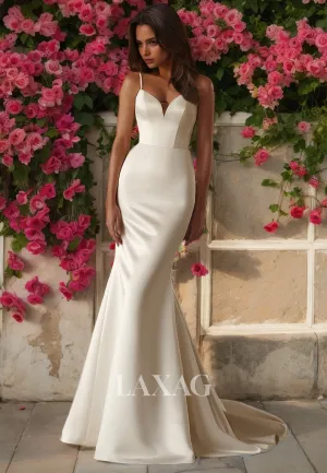 V-Neck Spaghetti Straps Satin Mermaid Bride Gowns Floral Embellished OverSkirt Wedding Dress