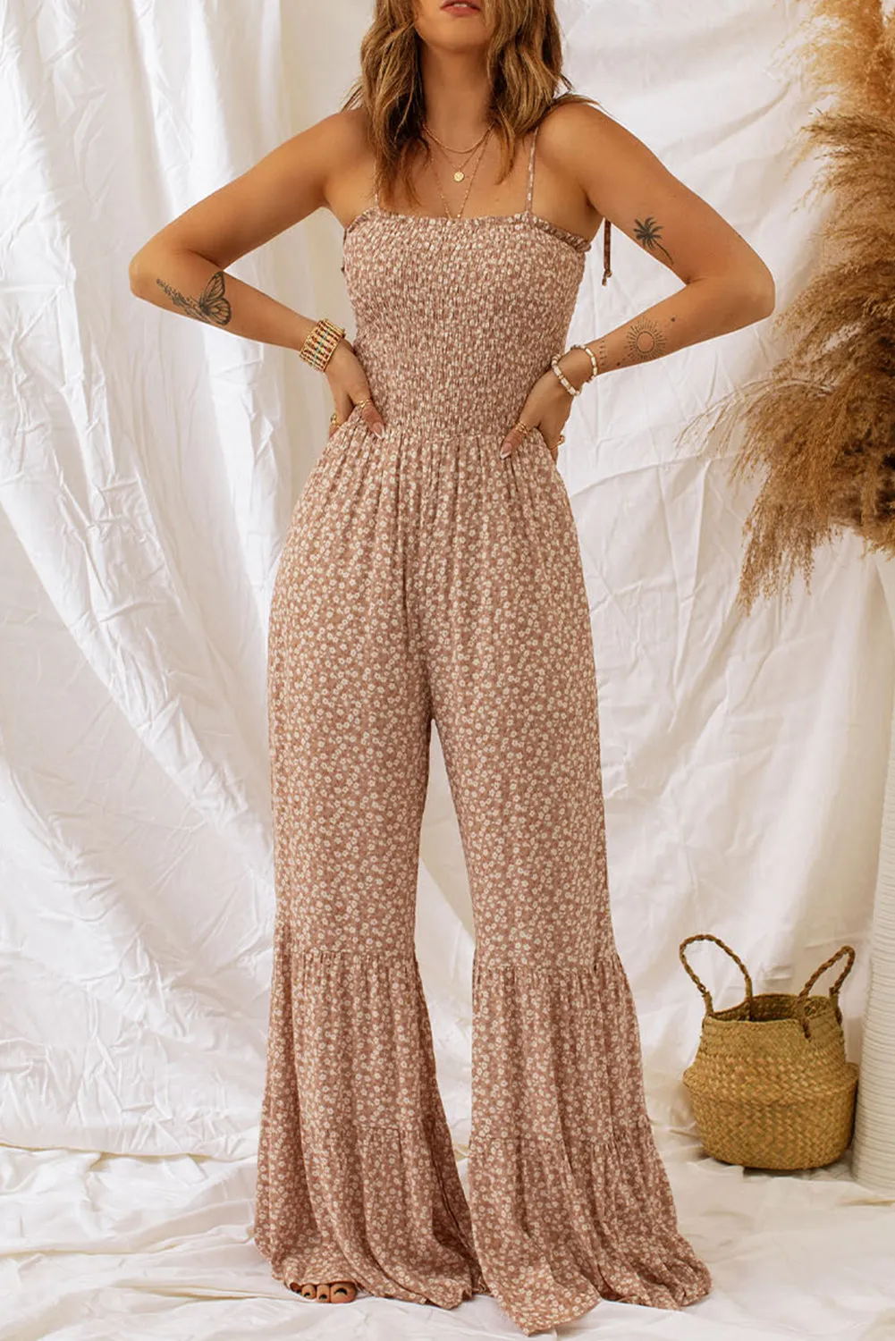 Wedding Guests / Floral Spaghetti Strap Smocked Wide Leg Jumpsuit