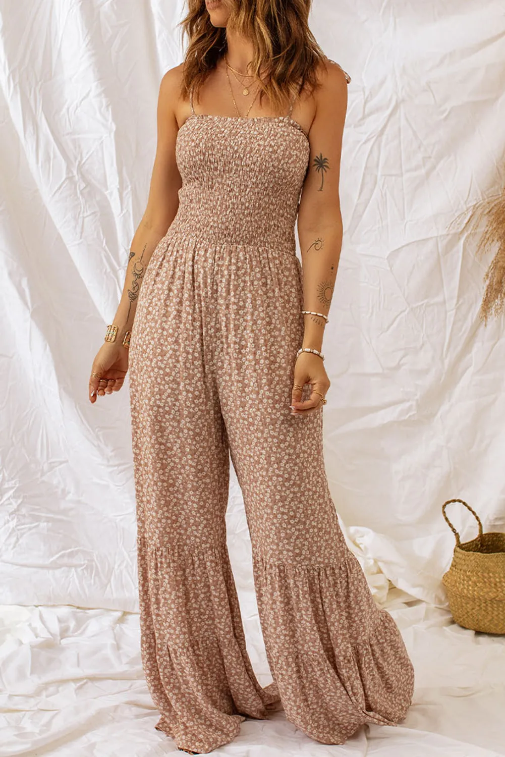 Wedding Guests / Floral Spaghetti Strap Smocked Wide Leg Jumpsuit