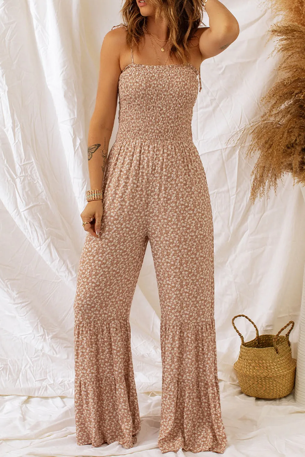 Wedding Guests / Floral Spaghetti Strap Smocked Wide Leg Jumpsuit