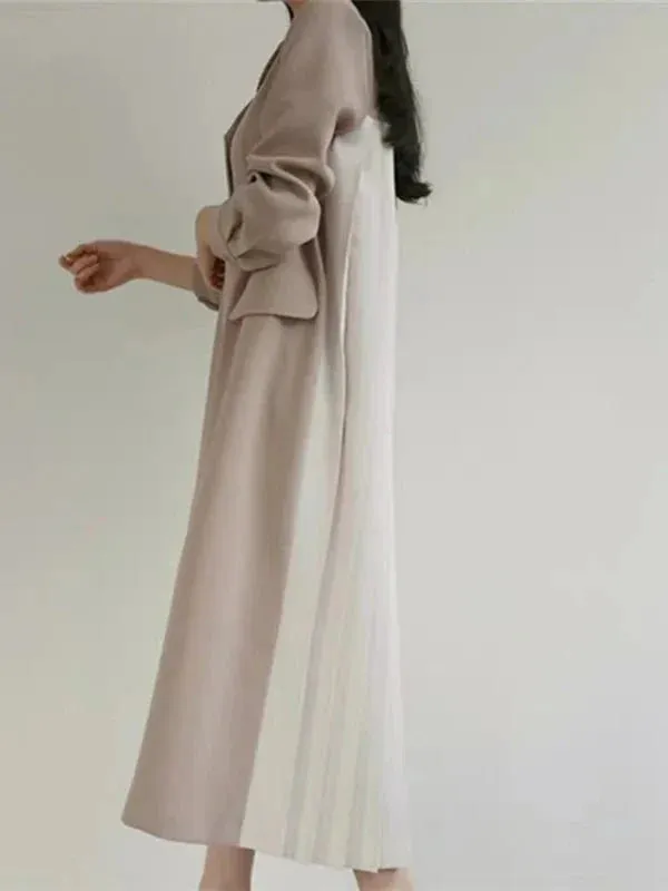 Wenkouban-Winter outfits Christmas Double Breasted Patchwork Pleated Long Blazer