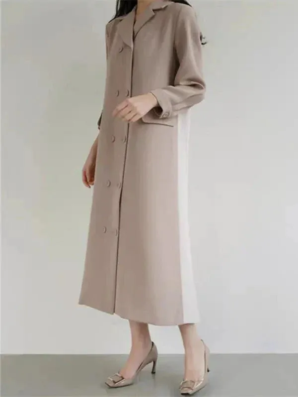 Wenkouban-Winter outfits Christmas Double Breasted Patchwork Pleated Long Blazer