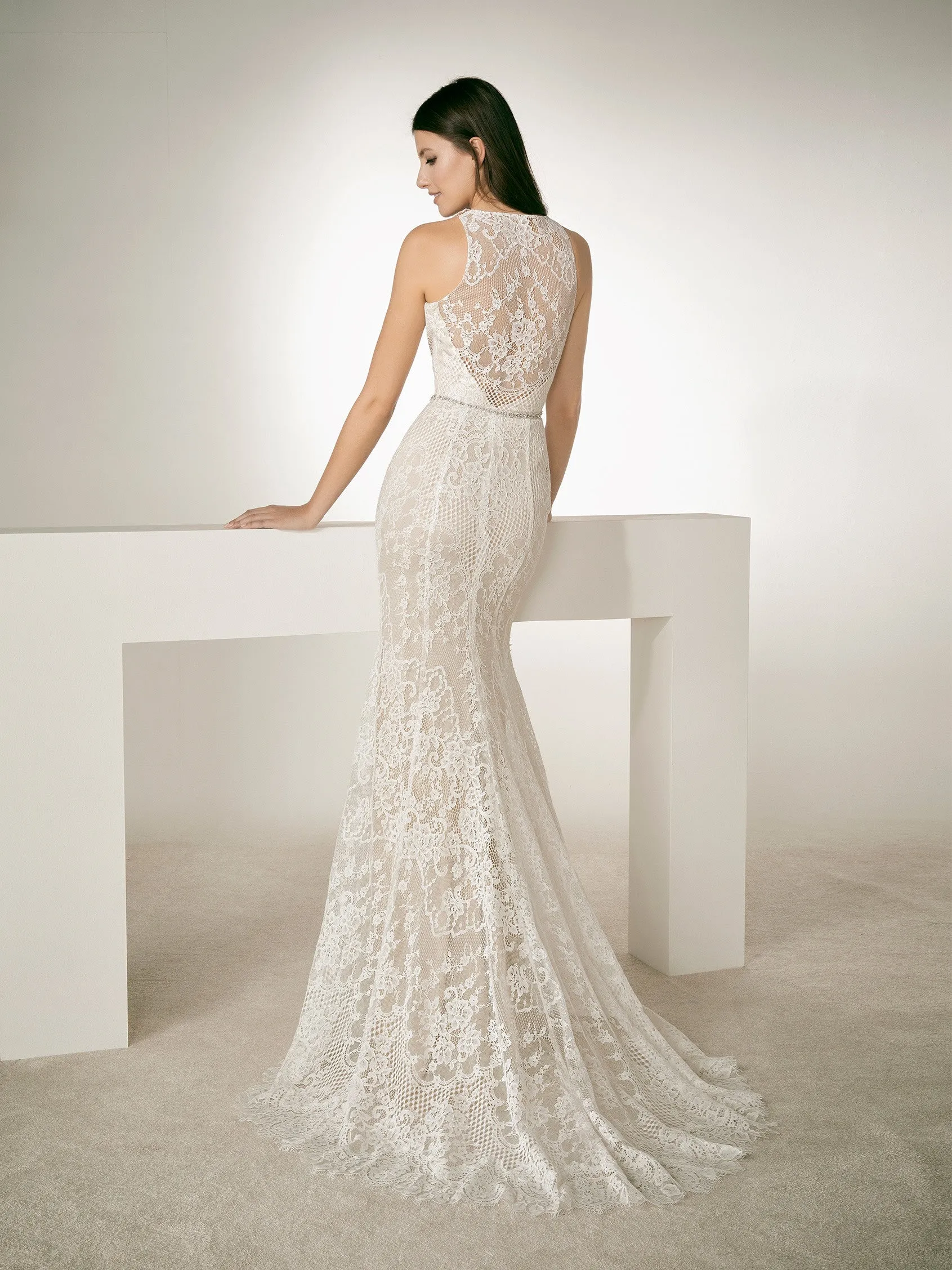 White One Bridal RAF Size 8 Lace Mermaid Wedding Dress Sheer high halter neckline sexy
