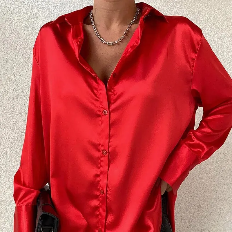 Women Satin Silk Button Down Casual Loose Long Sleeve Office Work Tunic Top