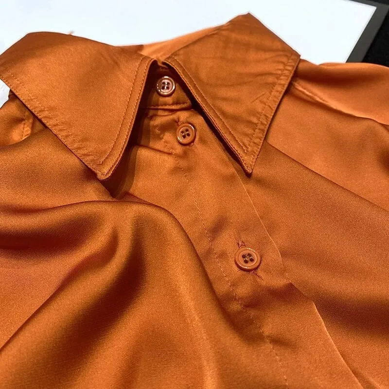 Women Satin Silk Button Down Casual Loose Long Sleeve Office Work Tunic Top