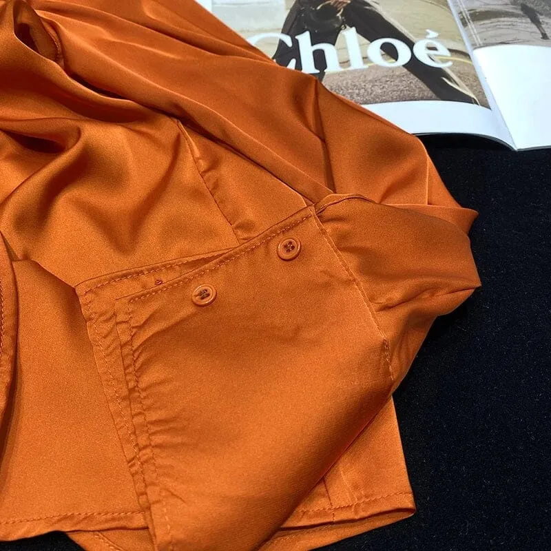 Women Satin Silk Button Down Casual Loose Long Sleeve Office Work Tunic Top