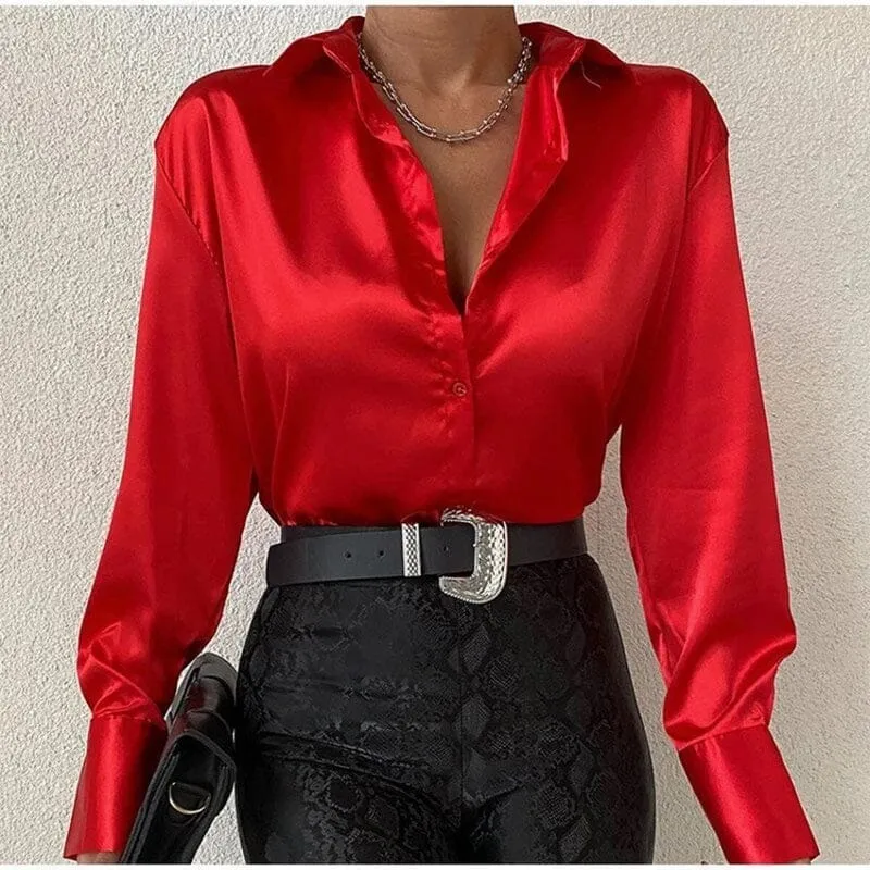 Women Satin Silk Button Down Casual Loose Long Sleeve Office Work Tunic Top