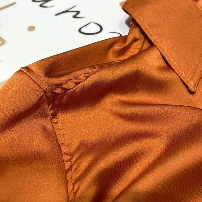 Women Satin Silk Button Down Casual Loose Long Sleeve Office Work Tunic Top