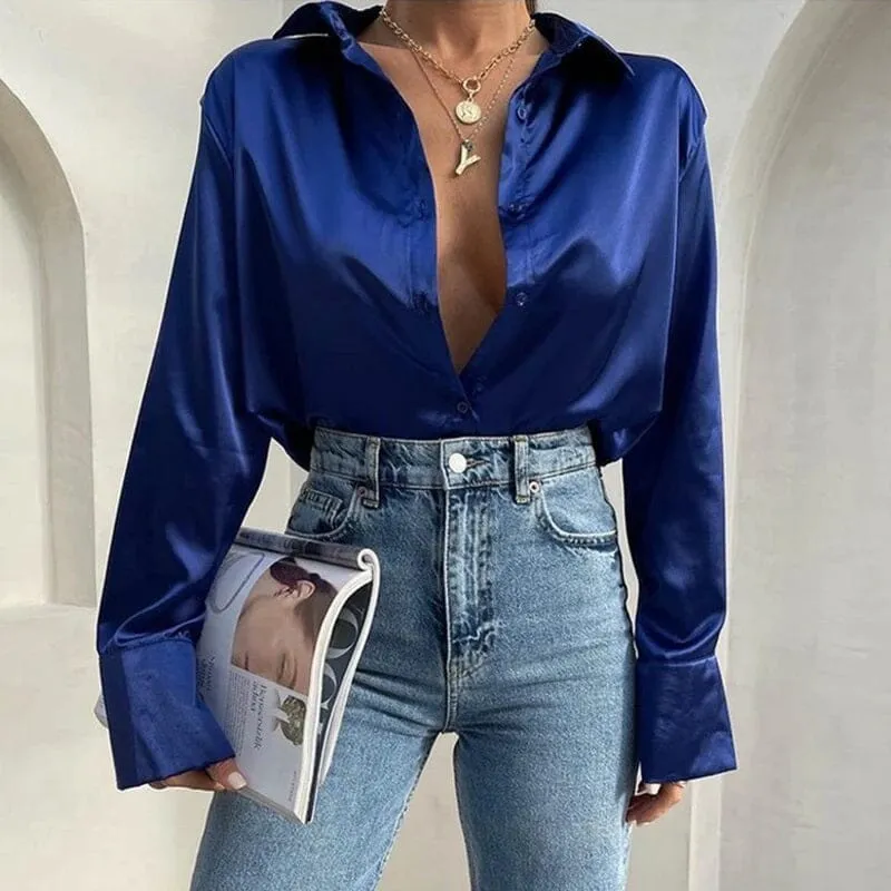 Women Satin Silk Button Down Casual Loose Long Sleeve Office Work Tunic Top
