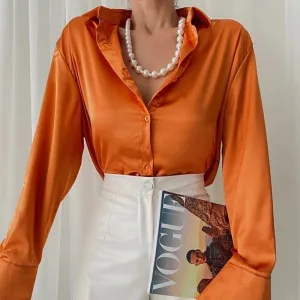 Women Satin Silk Button Down Casual Loose Long Sleeve Office Work Tunic Top