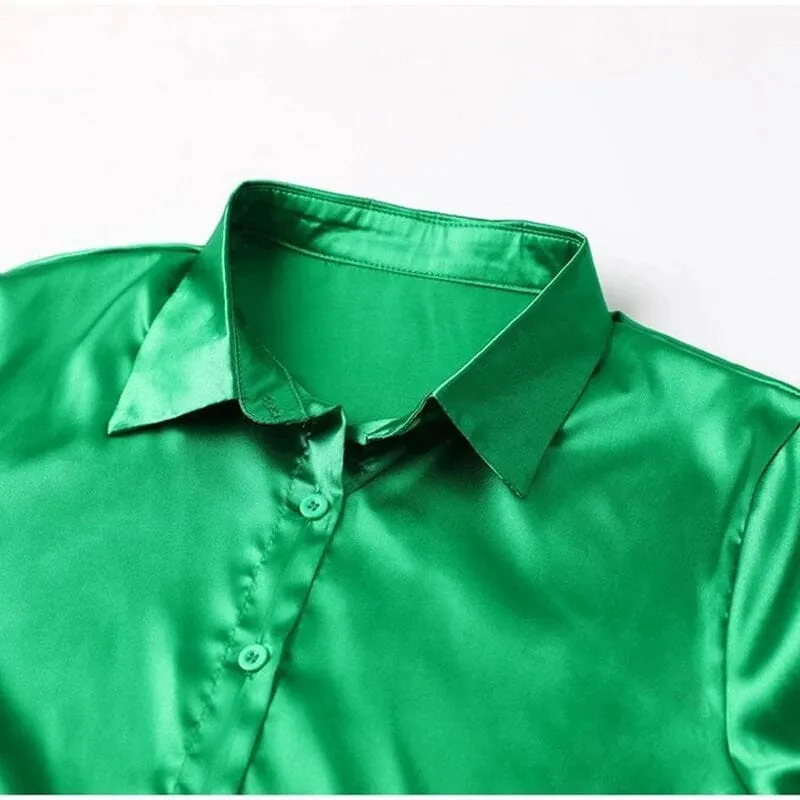 Women Satin Silk Button Down Casual Loose Long Sleeve Office Work Tunic Top