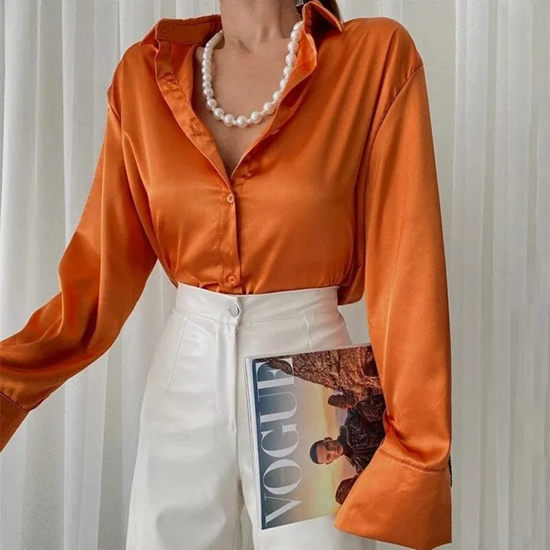 Women Satin Silk Button Down Casual Loose Long Sleeve Office Work Tunic Top