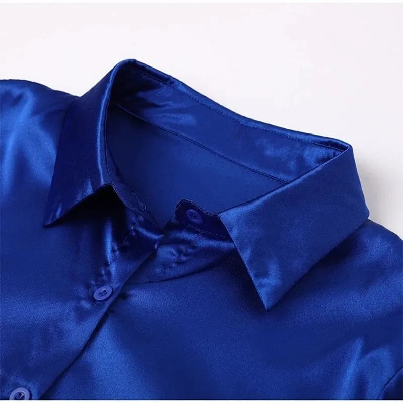 Women Satin Silk Button Down Casual Loose Long Sleeve Office Work Tunic Top