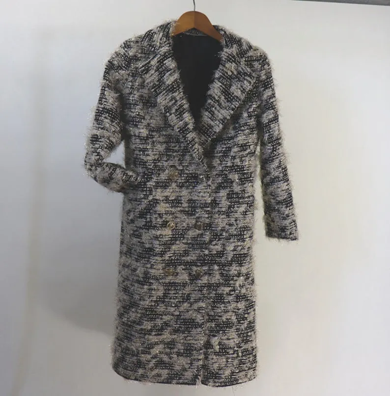 Women's Designer Inspired Tweed Wool Blend Golden Threads Black Coat